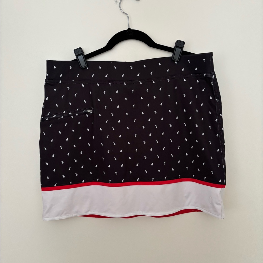 Belyn Key Black Print Athletic Skort with White Hem and Red Trim